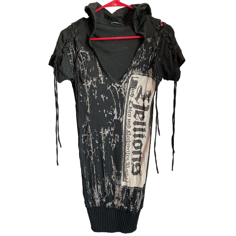 SALVAGE VINTAGE Y2K "Hellions" Hooded Short-Sleeve Dress with Lace Up Sleeves. L